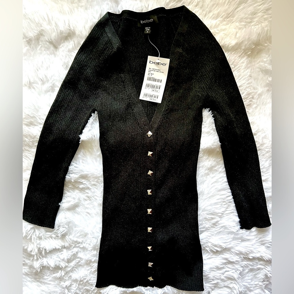 ✨NWT Bebe 3/4 Sleeve Black Metallic Rib Cardigan w Silver Stud Buttons - M
